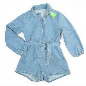 Light Blue Romper with Billowy Sleeves and Tie Waist